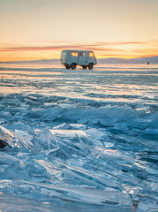 Frozen ice Baikal Lake in winter, Russia