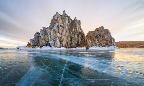 Frozen Lake Baikal at Shamanka rock, Russia