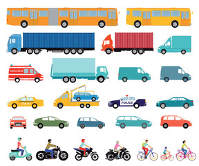 Autos, LKW, Bus, Roller, Motorrad, Satz von städtischen Autos