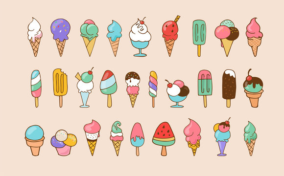 Ice cream, sweet summer collection of icons, doodles, illustations