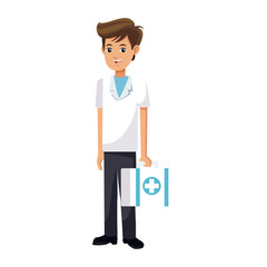 medical doctor holding a first aid briefcase over white background. colorful design. vector illustration