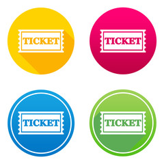 Ticket flat icon in 4 different colors and versions, with or without long shadows.