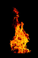 Fire flame isolated on black isolated background - Beautiful yellow, orange and red and red blaze fire flame texture style.