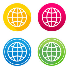 World flat icon in 4 different colors and versions, with or without long shadows.