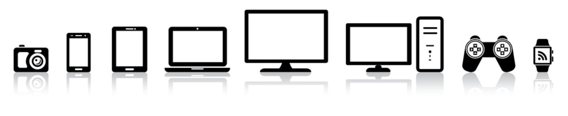 Set of 8 black device icons on white background.