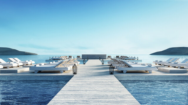 Beach living lounge & Party Lounge & Chill out Lounge - Sundeck and Lagoon view / 3d rendering image