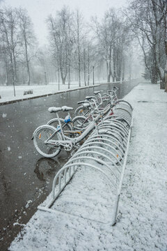 Bicycles smoothly covered with fresh snow after weather phenomena - snowfall in late April near Moscow