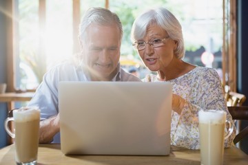 Senior couple using laptop while having coffee