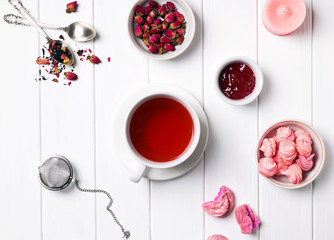 Tea time set flat lay.