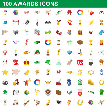 100 awards icons set, cartoon style