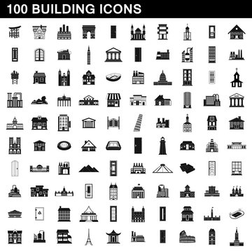 100 building icons set, simple style