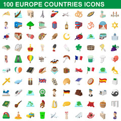 100 europe countries icons set, cartoon style