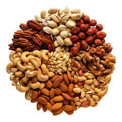 Assorted nuts in the form of a circle (peanuts, almonds, hazelnuts, pine nuts, cashews, walnuts, pistachio) isolated against the clear white background.