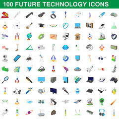 Naklejka premium 100 future technology icons set, cartoon style
