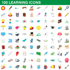 100 learning icons set, cartoon style