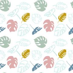 Modern vector seamless floral pattern. Hand drawn tropical monstera leaves in mustard yellow, blue, turquoise, pink, green on white background. 