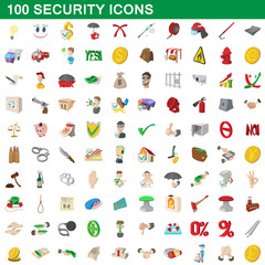 100 security icons set, cartoon style