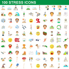 100 stress icons set, cartoon style