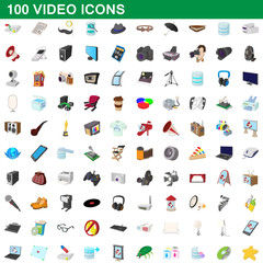 100 video icons set, cartoon style
