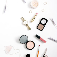 Beauty blog concept. Professional female make up accessories: watches, necklace, lipstick, brush, powder on white background. Flat lay, top view trendy fashion feminine background.