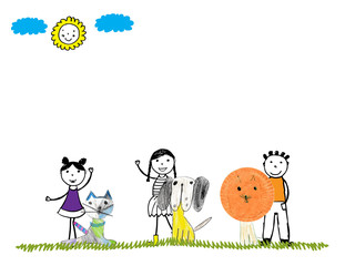 Happy kids and their pets
