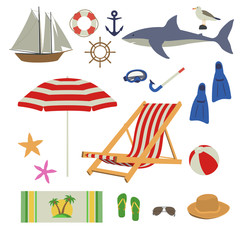 Collection of different summer Sea Beach Stuff isolated on white background