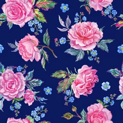 Meubelstickers Seamless watercolor pattern of pink roses and forget-me-nots on a dark blue background. © Ollga P