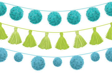 Vector Colorful Vibrant Birthday Party Pom Poms Set On A String Horizontal Seamless Repeat Border Pattern. Great for handmade cards, invitations, wallpaper, packaging, nursery designs. - 145149038