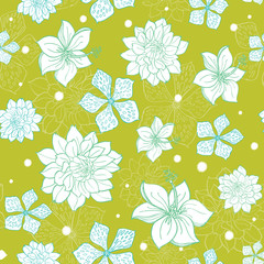 Vector tropical green blue flowers seamless repeat pattern background design. Great for summer party invitations, fabric, wallpaper, giftwrap paper.