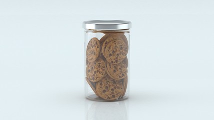 Glass jar with cookies inside on white background.