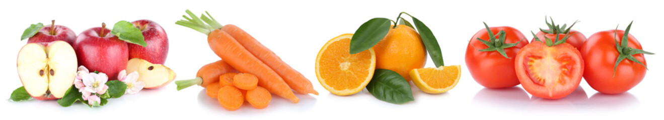 Obst und Gemüse Früchte Äpfel, Orangen Karotten Tomaten Essen Freisteller in einer Reihe
