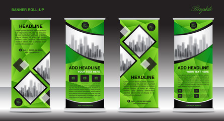 Green Roll up banner template, banner design, advertisement, business flyer, polygon background