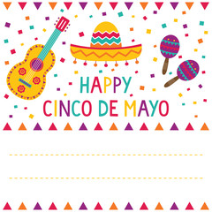Cinco de Mayo card (a sombrero, a guitar, maracas and confetti), with a space for text