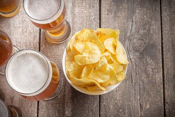 glass beer on wood background