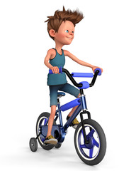 cartoon boy and the bike on the flor