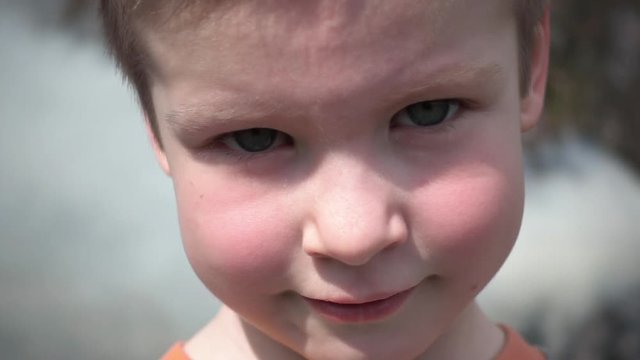 Smiling little boy against smoke fume clouds at the country side. Happy childhood and world cognition concept.