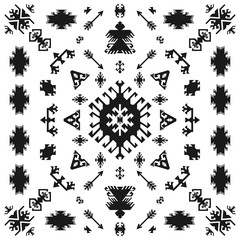 Native American Indian ethnic traditional geometric art with retro design elements and arrows Aztec Navajo tribal style seamless pattern vector illustration background black and white