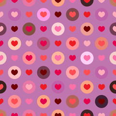 Seamless colorful hearts vector love theme pattern in circles like polka dots suitable for valentines day with purple background d