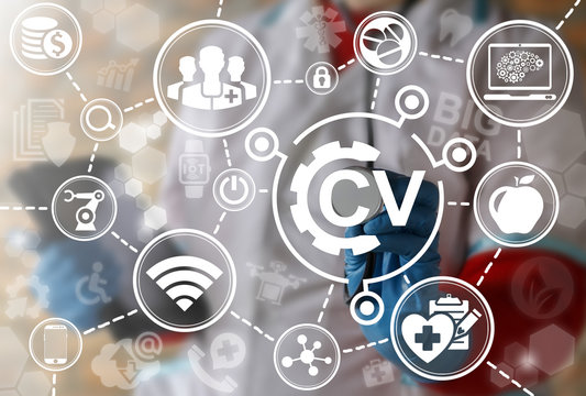 CV - Curriculum Vitae job hospital interview service medicine web computing online concept. Health care recruitment, skill search, vacancy resume education technology. Doctor touched cv gear icon.