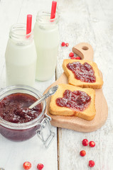 Toasts with strawberry jam and milk