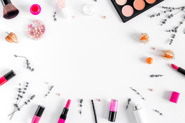 Fototapeta na wymiar set of cosmetics for women with lavender white background top view mockup