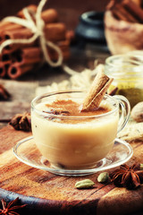 Indian masala tea, rustic style, selective focus