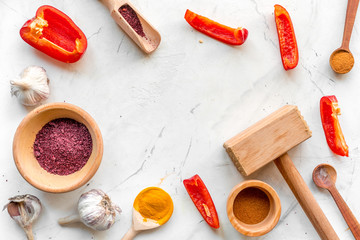 Professional kitchen with spices for cook on white background top view mock-up