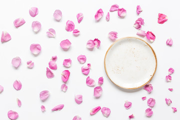 Spring trendy disign with flowers on white table background top view mock up