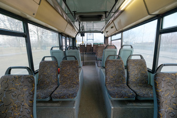 Fototapeta premium Interior of modern low floor trolley bus on duty in back part
