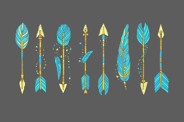 Vector doodle bow arrows set with feathers in bohemian, indian, tribal style. Ethnic native decorative arrows, hand drawn vector illustration. Tattoo style