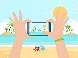 Tourist  Taking Picture on Summer Vacation with his Smartphone. Flat Design Style. 