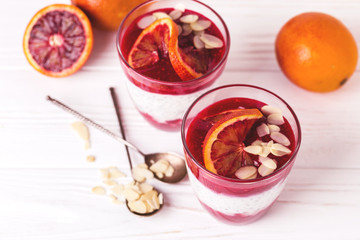 Chia pudding with fresh bloody orange and jam
