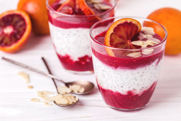 Chia pudding with fresh bloody orange and jam
