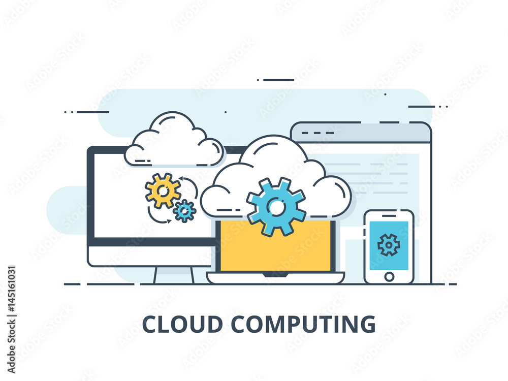 Poster line design web banner for cloud computing services and technology, data storage.